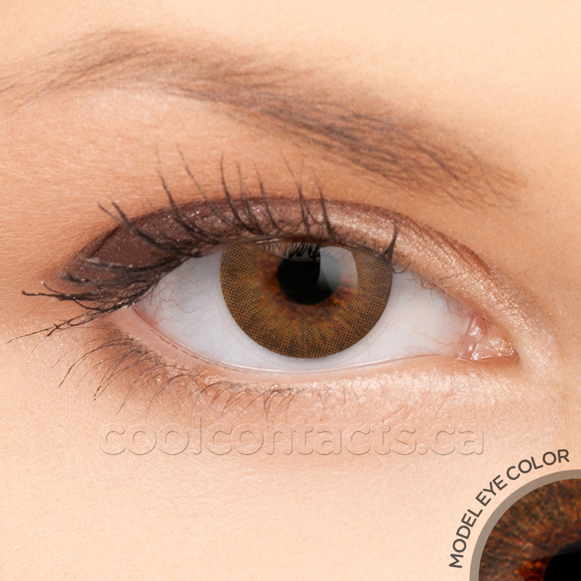 Cinnamon contact lens shown over a brown eye
