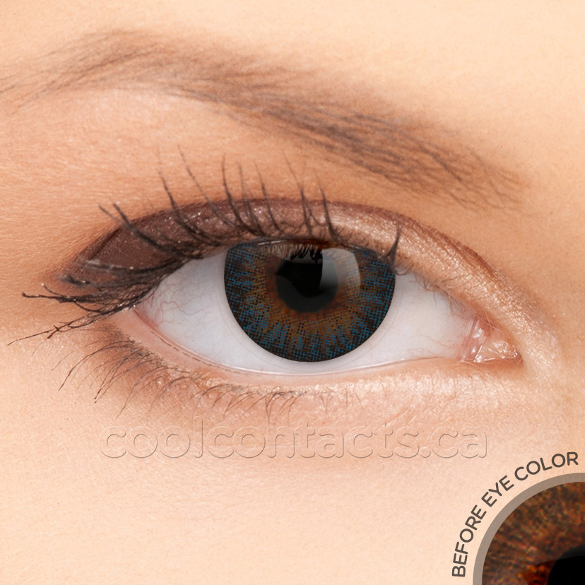 Festival Blue contact lens shown over a brown eye