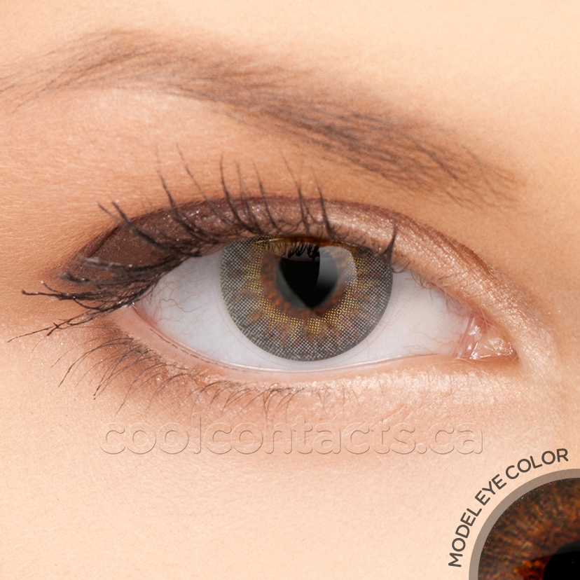 Jewel Gray contact lens shown over a brown eye